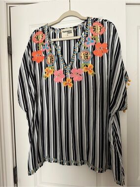 Savanna Jane Black & White Striped Tunic with Bright Floral Embroidery